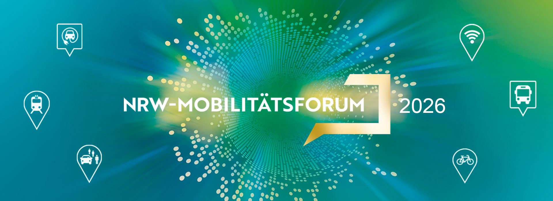 Mobilitätsforum 2026 Hintergrundbild mit Logo und verschiedenen Icons aus dem Bereich Mobilität (Bahn, Fahrrad, Auto)